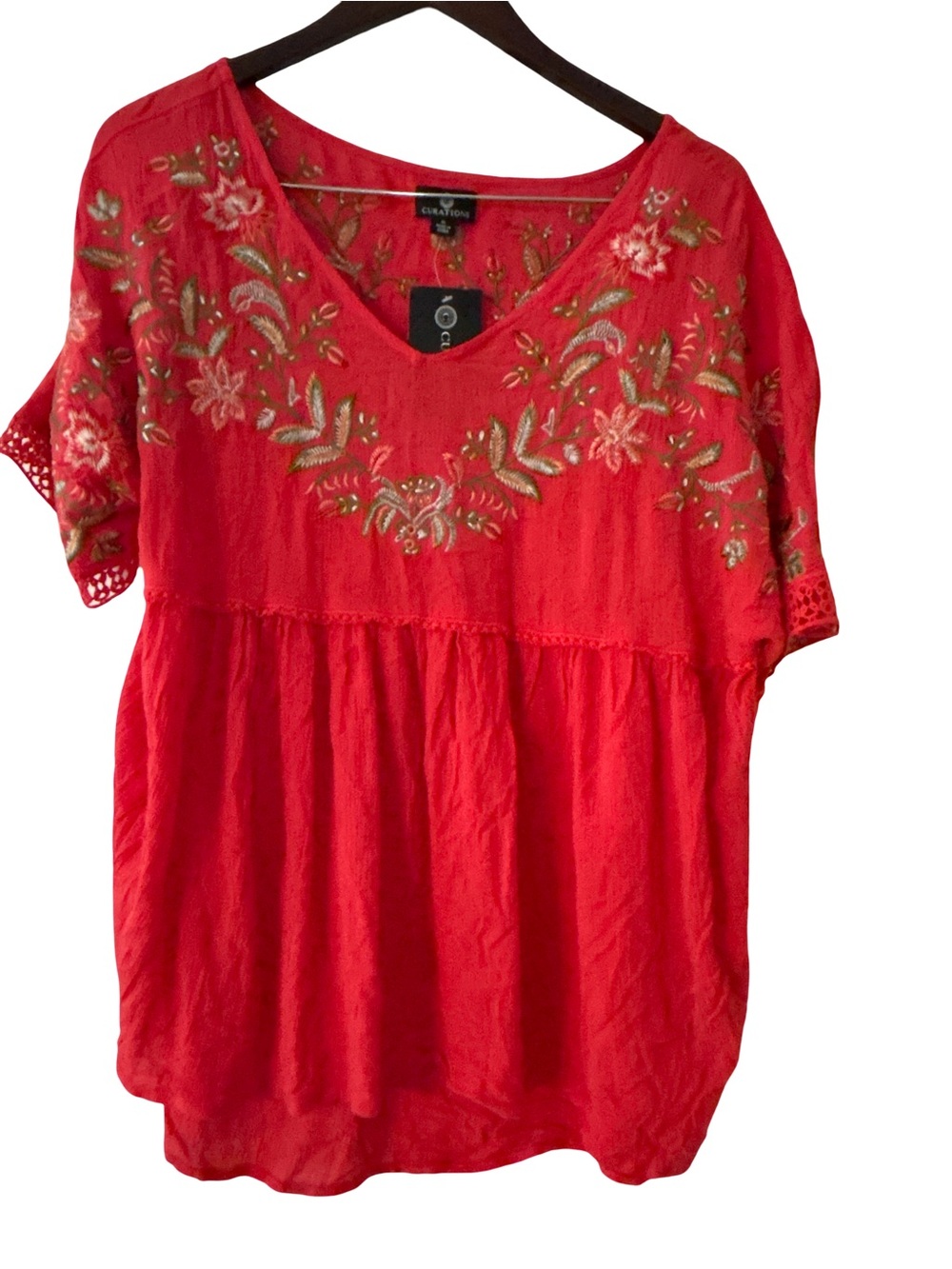 Curations Red Embroidered Boho Peplum Top Viscose Crochet Trim NWT